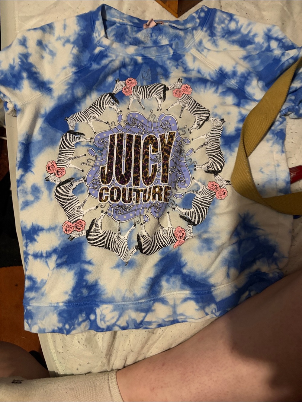 Juicy Couture Blue and White Tie-Dye Short Sleeve Tee with Zebra Motif